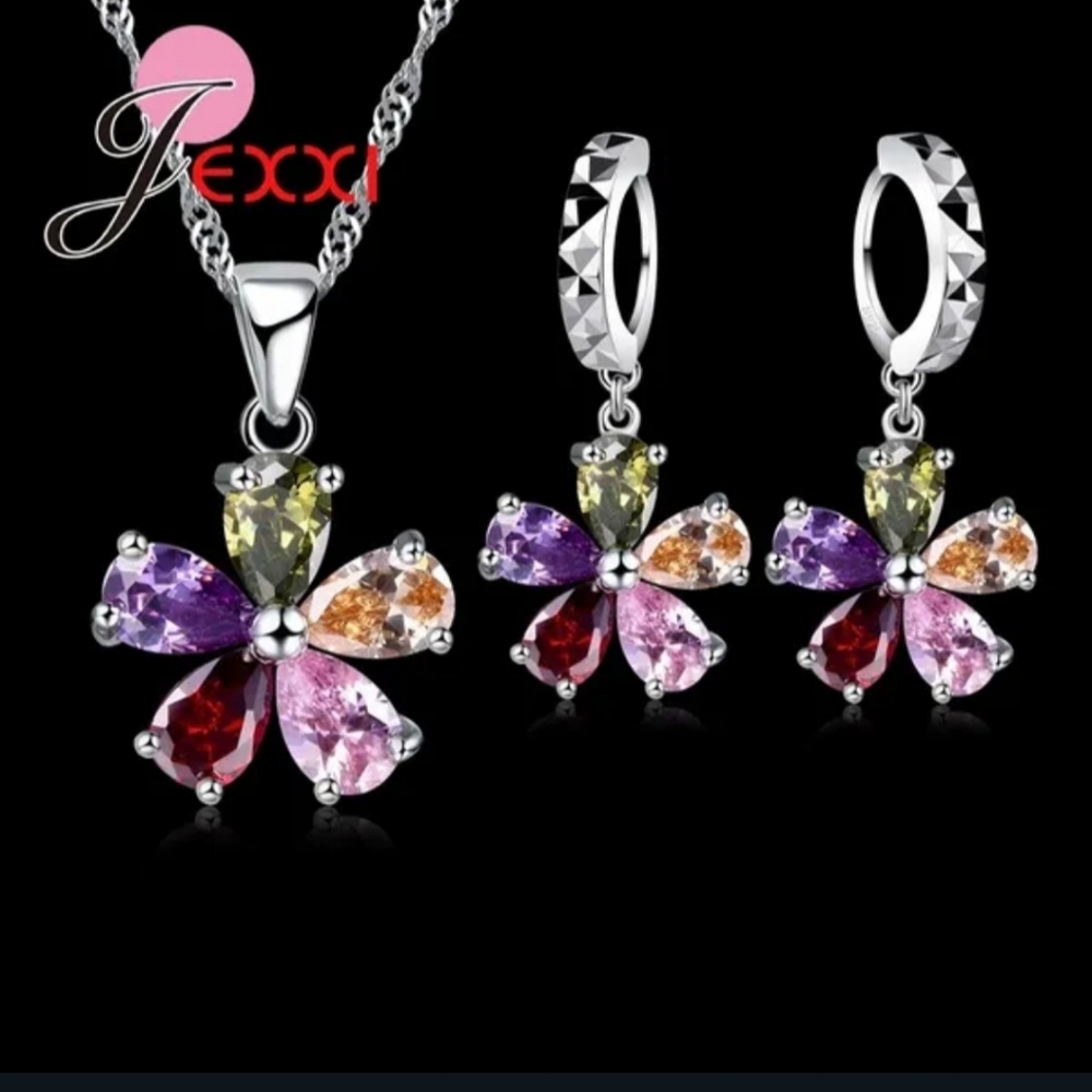 NWT Stamped 925 Silver Colorful Austrian Crystals Flower Necklace & Earrings Set